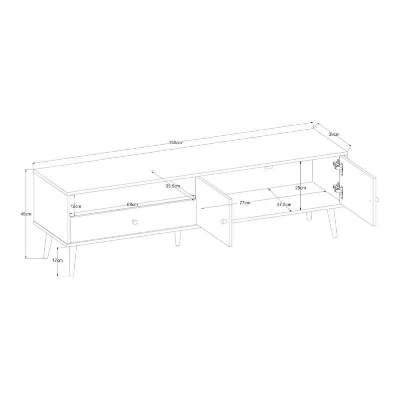Szkic wymiarowy Szafka pod telewizor Hallevil 150x39x45 cm biała [en.casa]