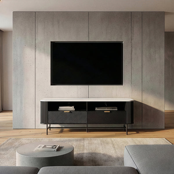 TV-Lowboard Olvehok 140x40x55 cm Czarny/efekt marmuru, biały [en.casa]