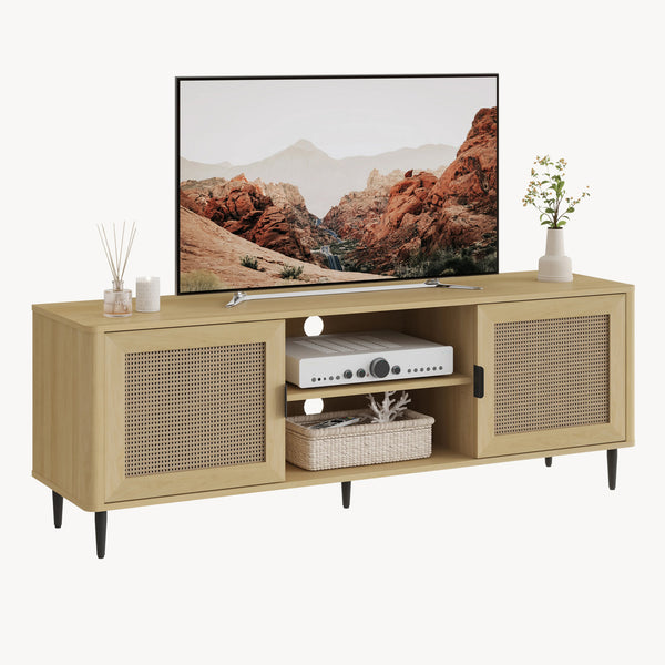 Szafka RTV Lukhomso 152x40x54 cm w optyce dębu/optyce rattanu [en.casa]