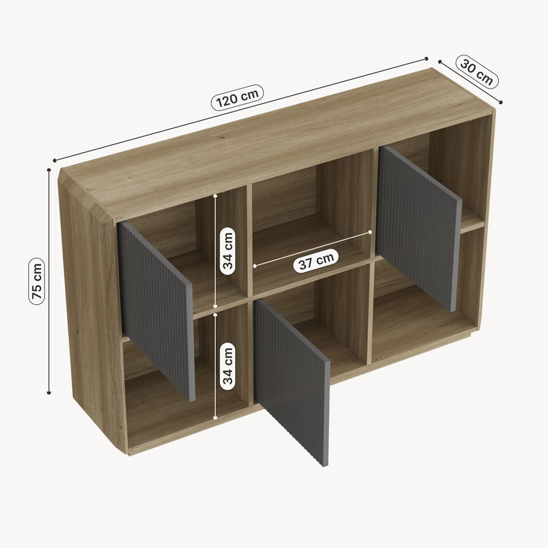 Szkic wymiarowy Sideboard Trömi 75x120x30 cm dąb optyka/szary [en.casa]