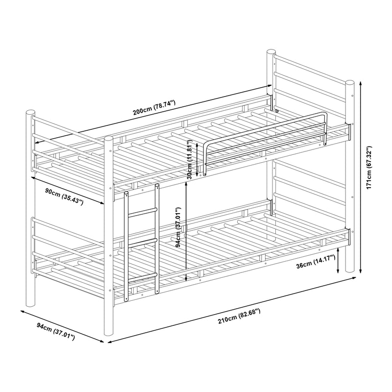 Szkic wymiarowy Bevapis metalowe łóżko piętrowe z 2 materacami 90x200 cm czarne [en.casa]