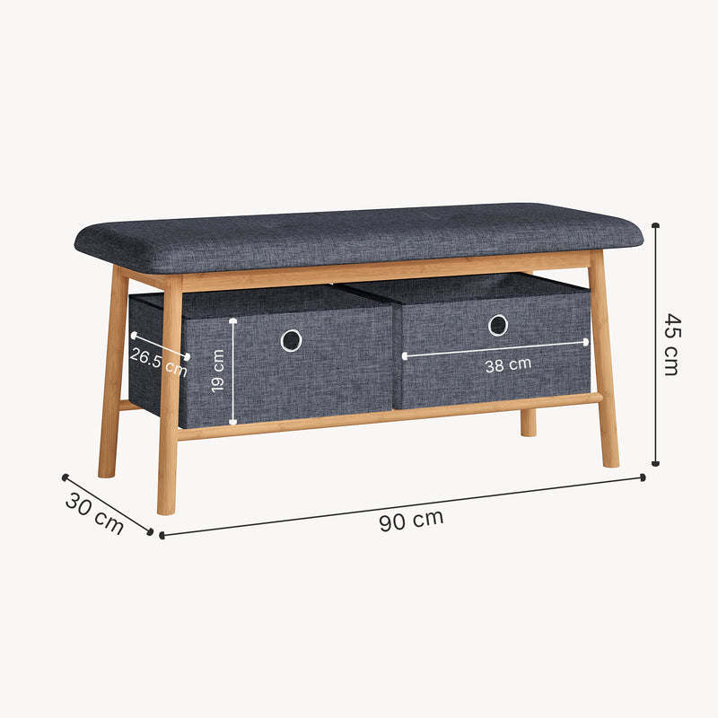Szkic wymiarowy Ławka Vad z 2 pojemnikami do przechowywania 90x30x45 cm naturalny/szary [en.casa]