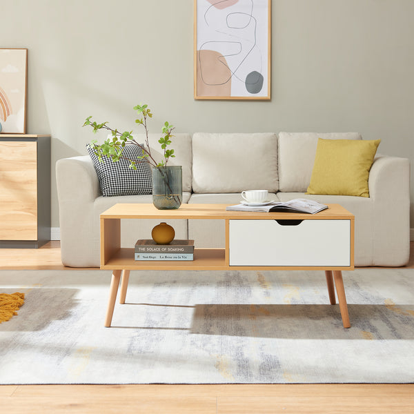 Stolik kawowy Bordkak z szufladą 100x48x45 cm dąb optyka/biały [en.casa]