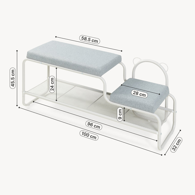 Szkic wymiarowy Ławka na buty z taboretem dziecięcym Jässaatka stal 100x32x46 cm szary [en.casa]