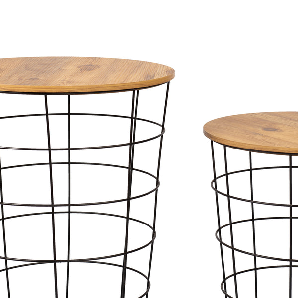 Zestaw stolików bocznych Hundested 2-częściowy zestaw metalowy kosz czarny / kolory drewna [en.casa]