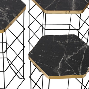 Zestaw stolików bocznych Hørning zestaw 3 metalowych koszyków czarny / marmurowy wygląd [en.casa]