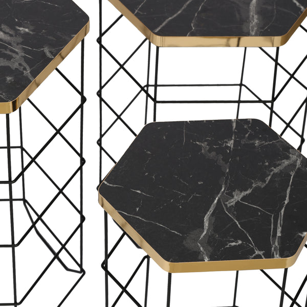 Zestaw stolików bocznych Hørning zestaw 3 metalowych koszyków czarny / marmurowy wygląd [en.casa]