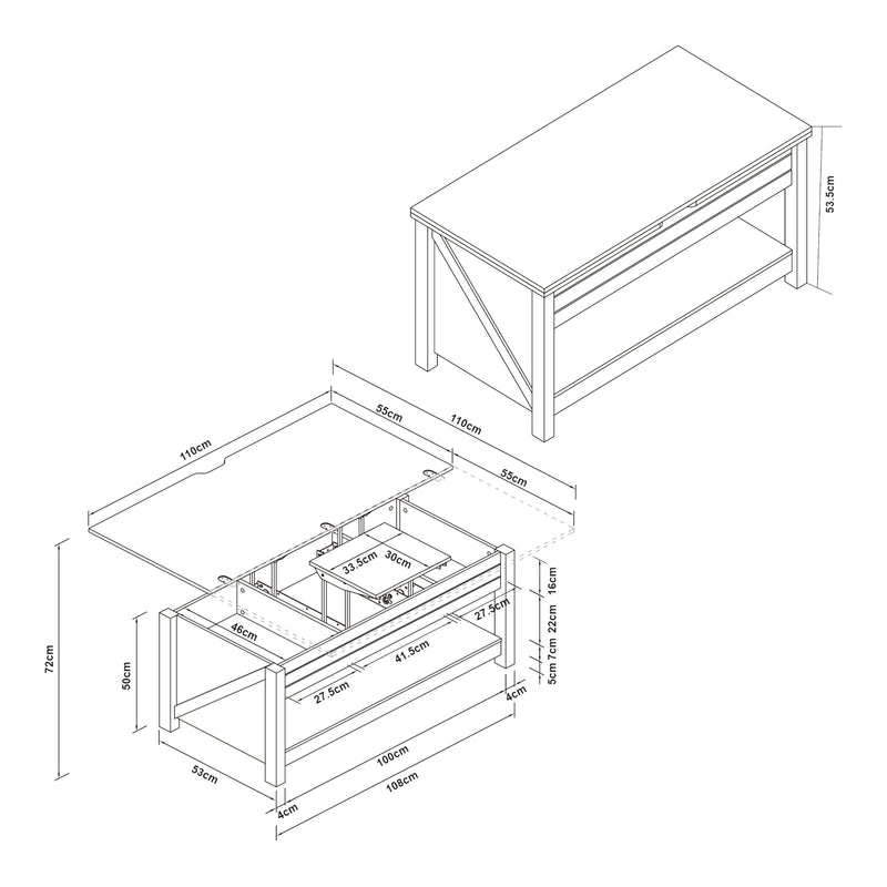 Szkic wymiarowy Stolik kawowy Kasama z podnoszonym blatem i schowkiem 110x55x54 cm orzech/biały [en.casa]