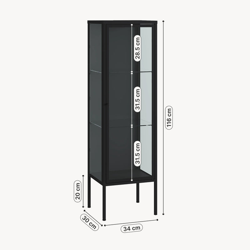 Szkic wymiarowy Witryna Borshavisa 116x34x30 cm stal czarna [en.casa]