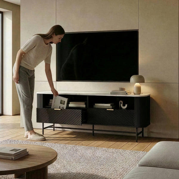 TV-Lowboard Olvehok 140x40x55 cm Czarny/efekt marmuru, biały [en.casa]