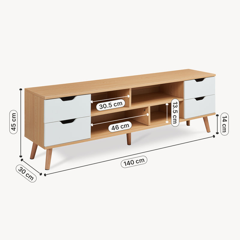 Szkic wymiarowy Szafka RTV Bordkak 140x30x45 cm dąb dekor/biały [en.casa]