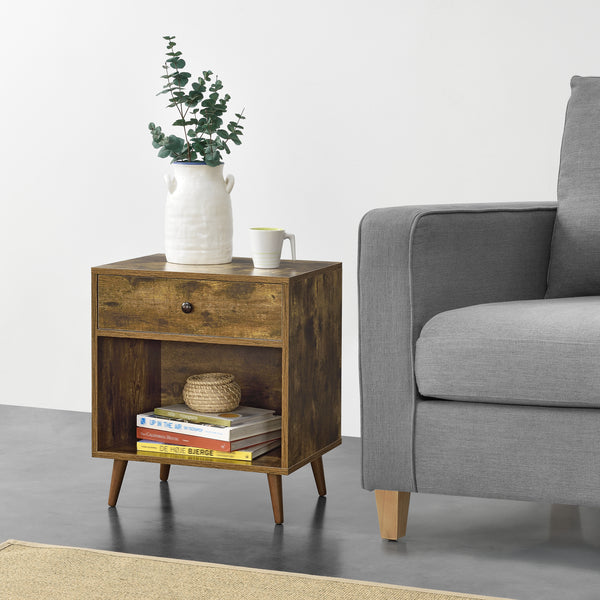 Stolik boczny Ronneby 58x50x40cm z szufladą Ciemny odcień drewna en.casa