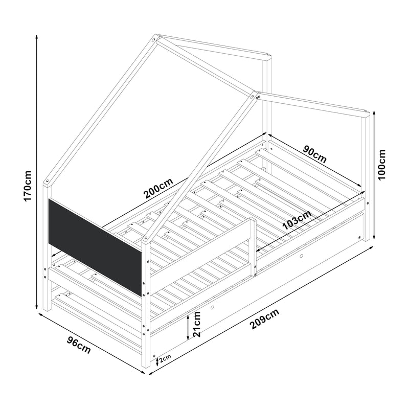 Szkic wymiarowy Łóżko domowe Sodankylä 90x200cm z wysuwanym łóżkiem drewno sosnowe naturalne [en.casa]
