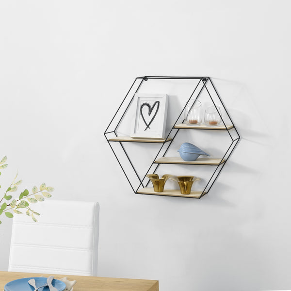 Półka ścienna Flint 62x12x53 cm Plaster miodu z 4 półkami Czarny en.casa