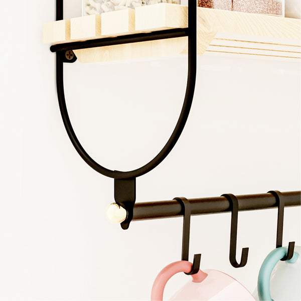 Półka ścienna Pielavesi z 6 haczykami czarna/naturalna [en.casa]