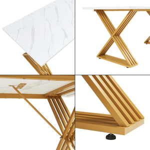 Stół do jadalni Hujaari dla 6 osób o marmurowym wyglądzie, biały/złoty [en.casa]