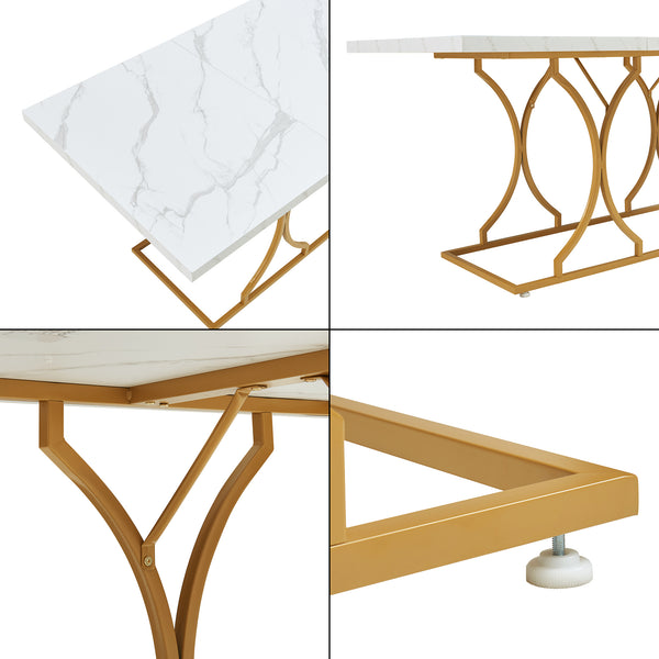Stół do jadalni Figa dla 6 osób o marmurowym wyglądzie, biały/złoty [en.casa]