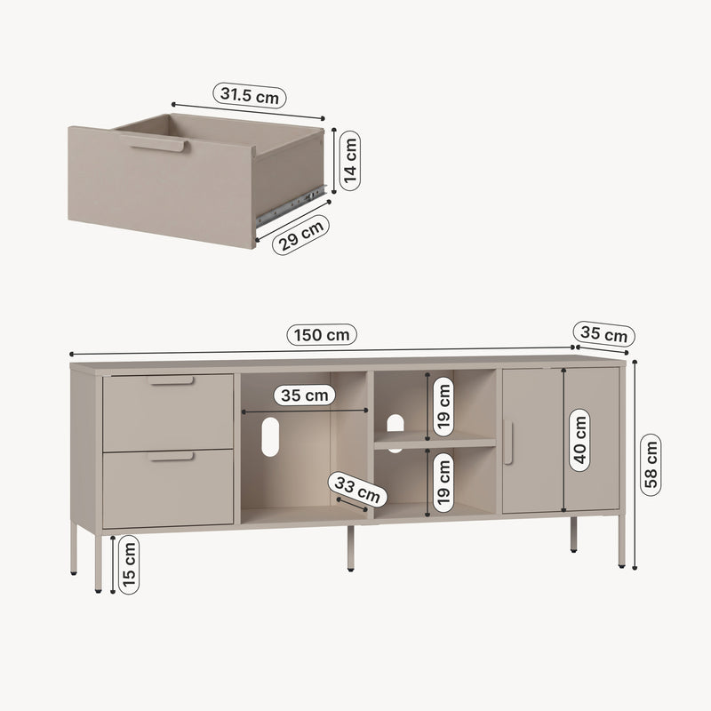 Szkic wymiarowy Szafka RTV Kliri Stahl 150x35x58 cm w kolorze wielbłądzim [en.casa]