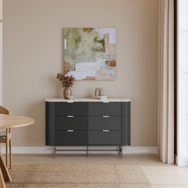 Komoda Olvehok 120x40x81 cm Czarna/efekt marmuru, biała [en.casa]