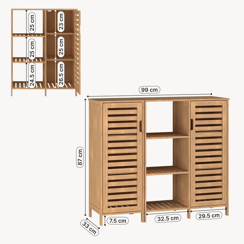 Szkic wymiarowy Szafka boczna Hakseri 2-częściowa 87x99x33 cm bambus naturalny [en.casa]