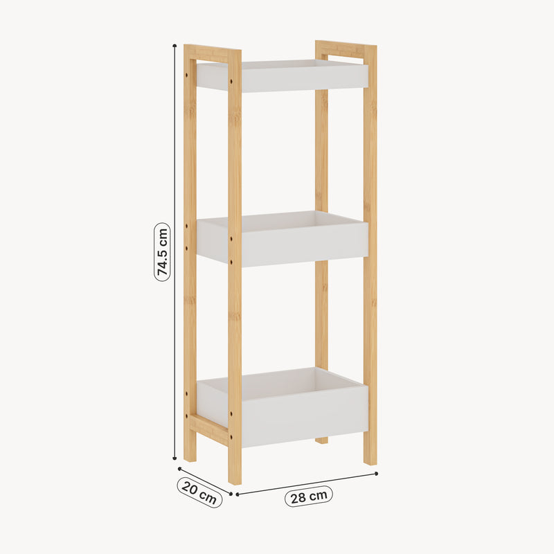 Szkic wymiarowy Regał łazienkowy Anun z 3 półkami 75x28x20 cm bambus naturalny/biały [en.casa]