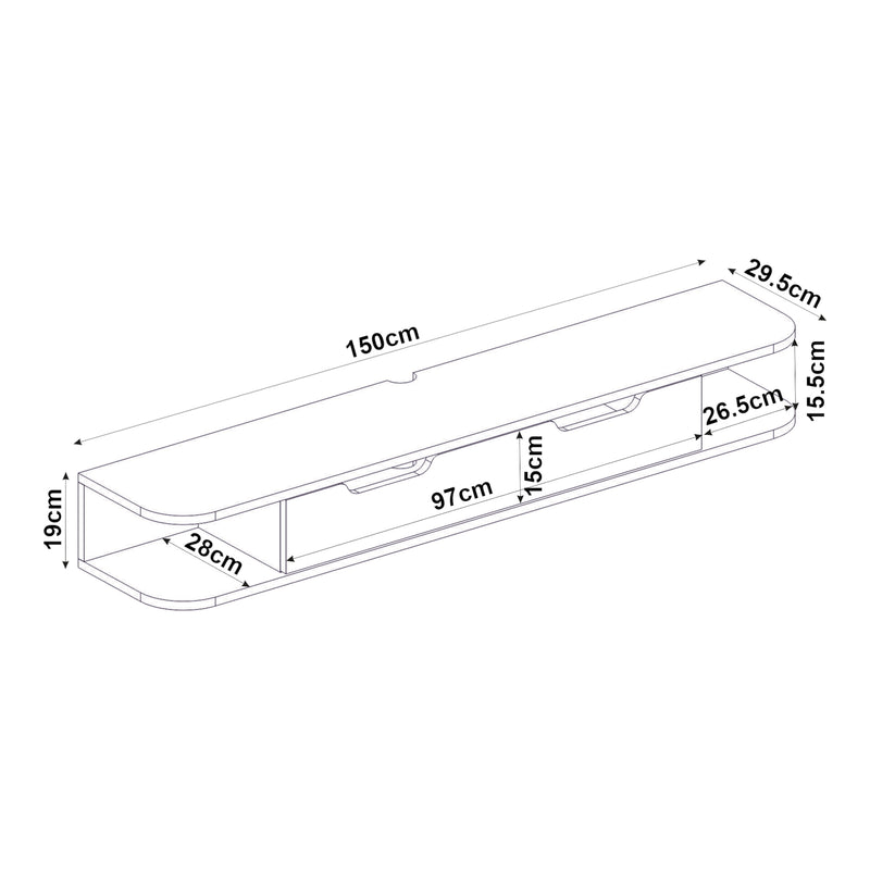 Szkic wymiarowy Szafka RTV wisząca Karjali 150x30x19 cm dąb [en.casa]