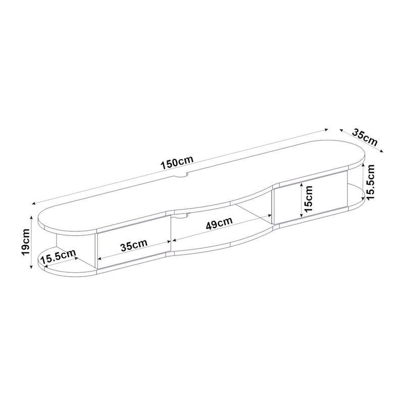 Szkic wymiarowy Wisząca szafka RTV Nyskiri 150x35x19 cm antracyt/dąb [en.casa]