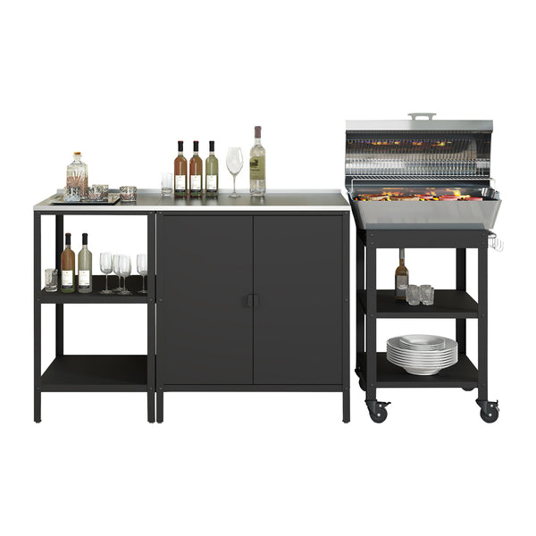 Zestaw zewnętrzny Bolognano z półką stojącą i wózkiem do serwowania czarny, matowy [casa.pro]