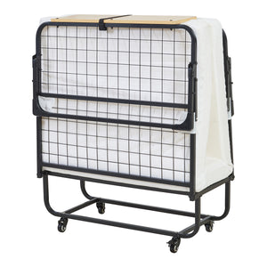 Metalowe łóżko składane Lustendi z materacem 200x90cm czarny/dąb [en.casa]