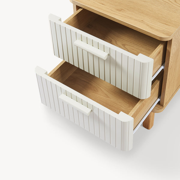 Stolik nocny Ferrersp z 2 szufladami 50x40x40 cm dąb optyka/piaskowy kolor [en.casa]