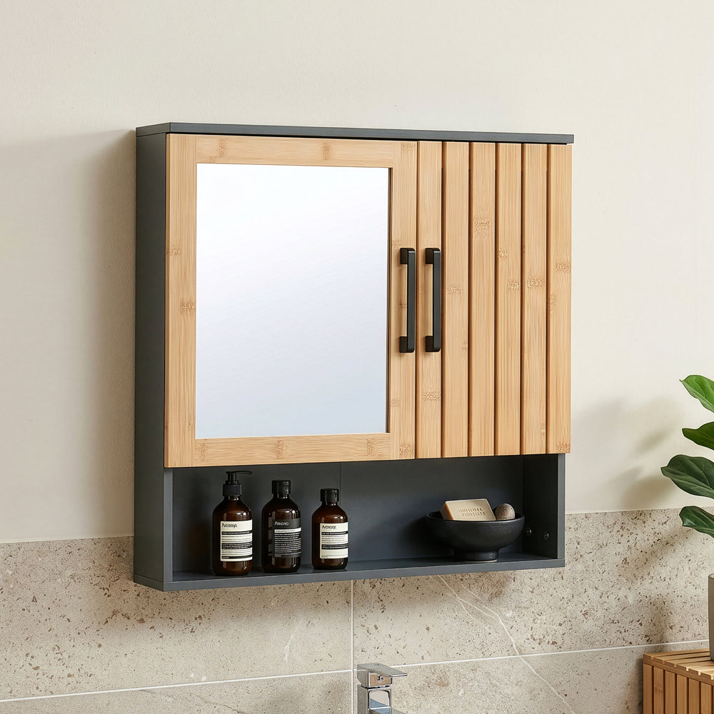 Szafka z lustrem Svanes 58x56x13 cm Ciemnoszary/Naturalny [en.casa]