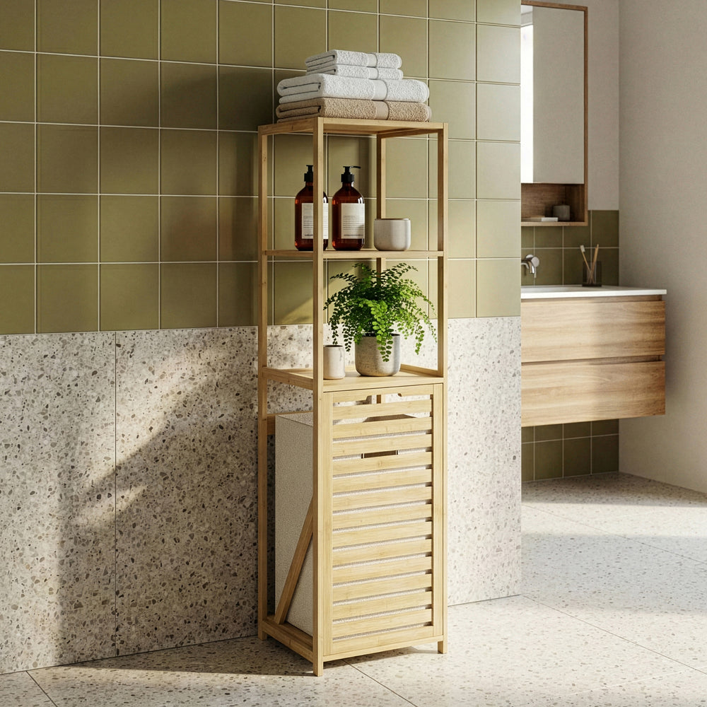 Regał łazienkowy z koszem na pranie Anun 130x36x33 cm bambus kolor drewna [en.casa]
