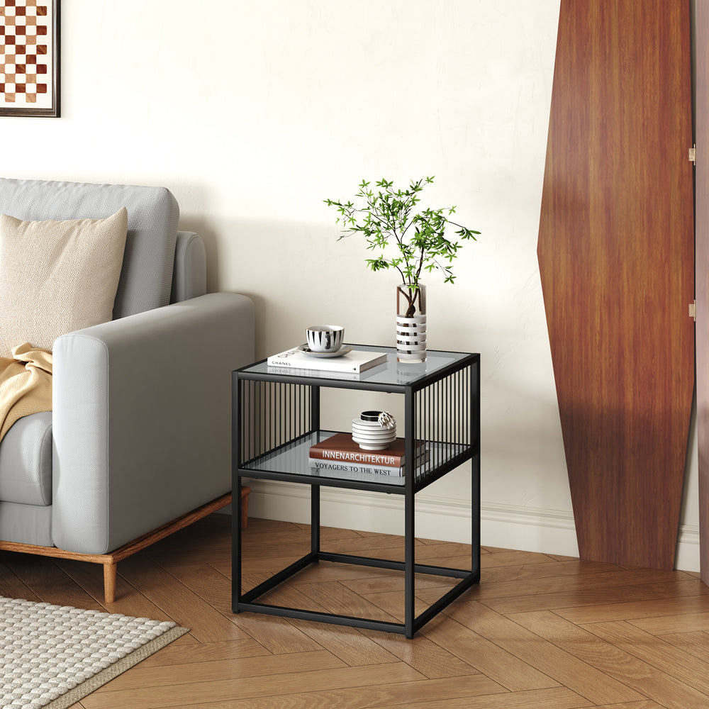 Stolik boczny Tronevn ze szklanym blatem 50x40x40 cm czarny [en.casa]