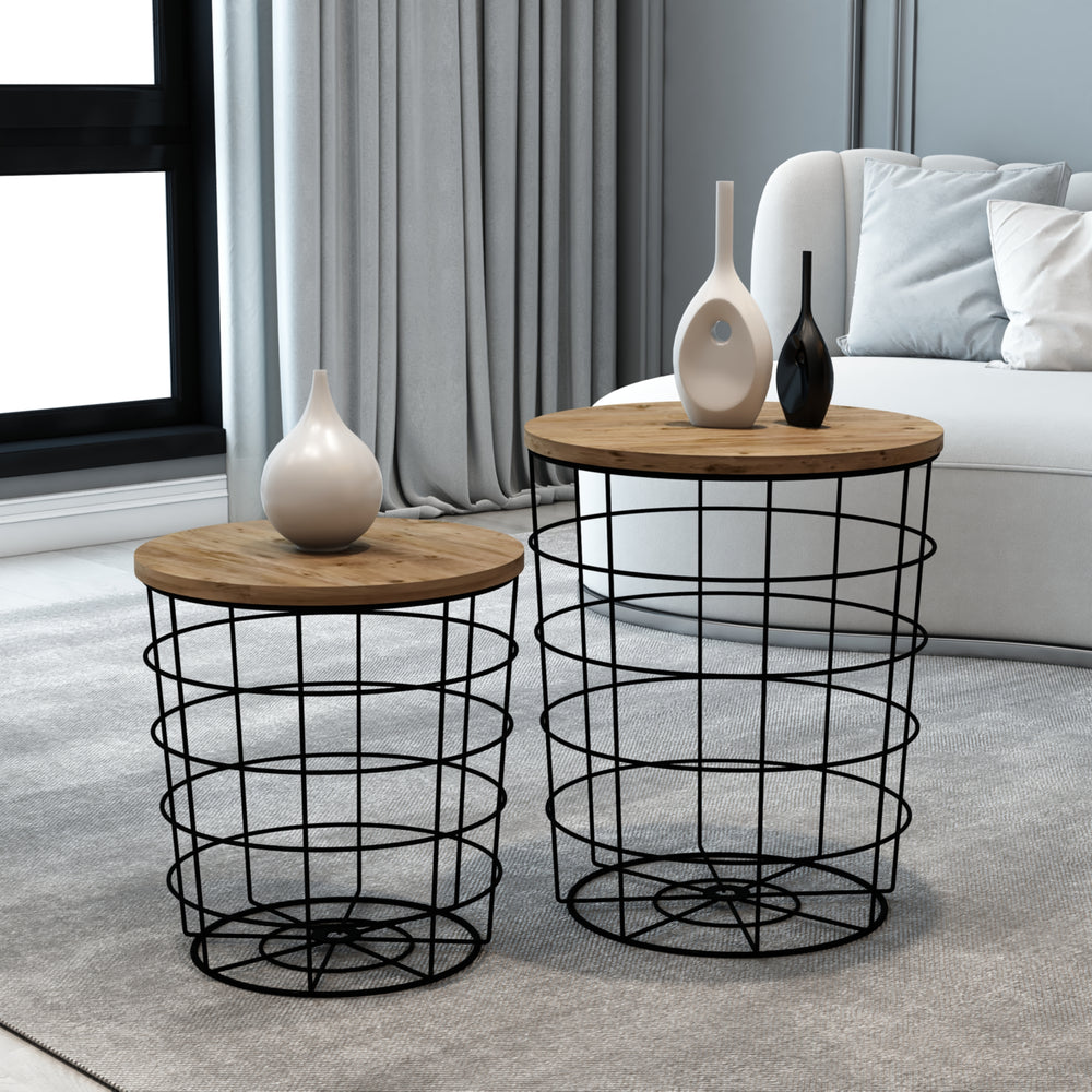Beistelltisch - Set Hundested 2er Set Metallkorb Schwarz / Holzfarben [en.casa] - premiumXL