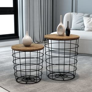 Beistelltisch - Set Hundested 2er Set Metallkorb Schwarz / Holzfarben [en.casa] - premiumXL