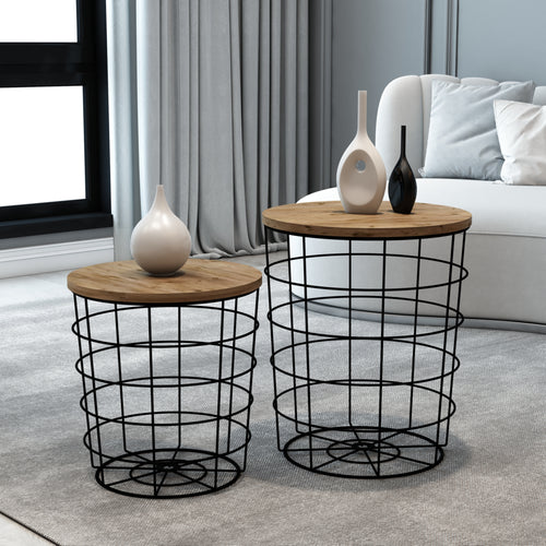 Beistelltisch - Set Hundested 2er Set Metallkorb Schwarz / Holzfarben [en.casa] - premiumXL