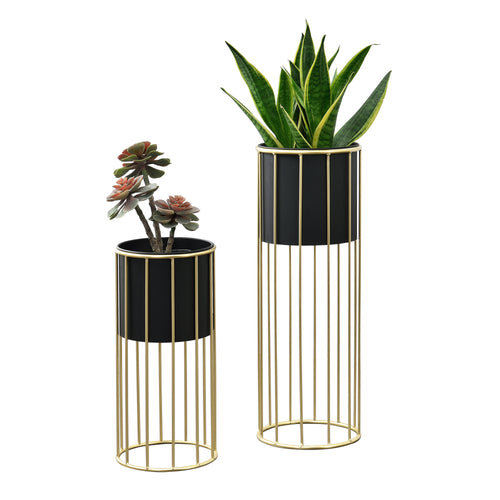 Blumentopfständer Mortsel 2er - Set Metall Schwarz - Goldfarben [en.casa] - premiumXL