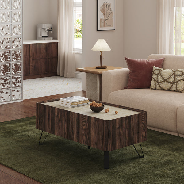 Stolik kawowy Trorlon 100x50x40 cm w optyce orzecha/trawertynu [en.casa]