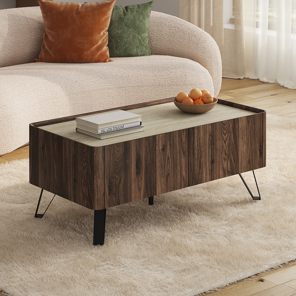 Stolik kawowy Trorlon 100x50x40 cm w optyce orzecha/trawertynu [en.casa]