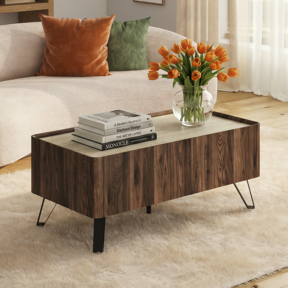 Stolik kawowy Trorlon 100x50x40 cm w optyce orzecha/trawertynu [en.casa]