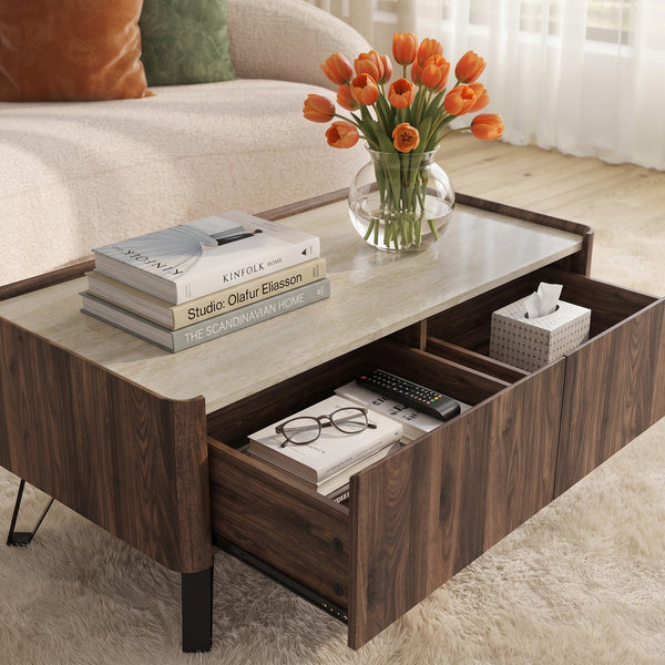 Stolik kawowy Trorlon 100x50x40 cm w optyce orzecha/trawertynu [en.casa]