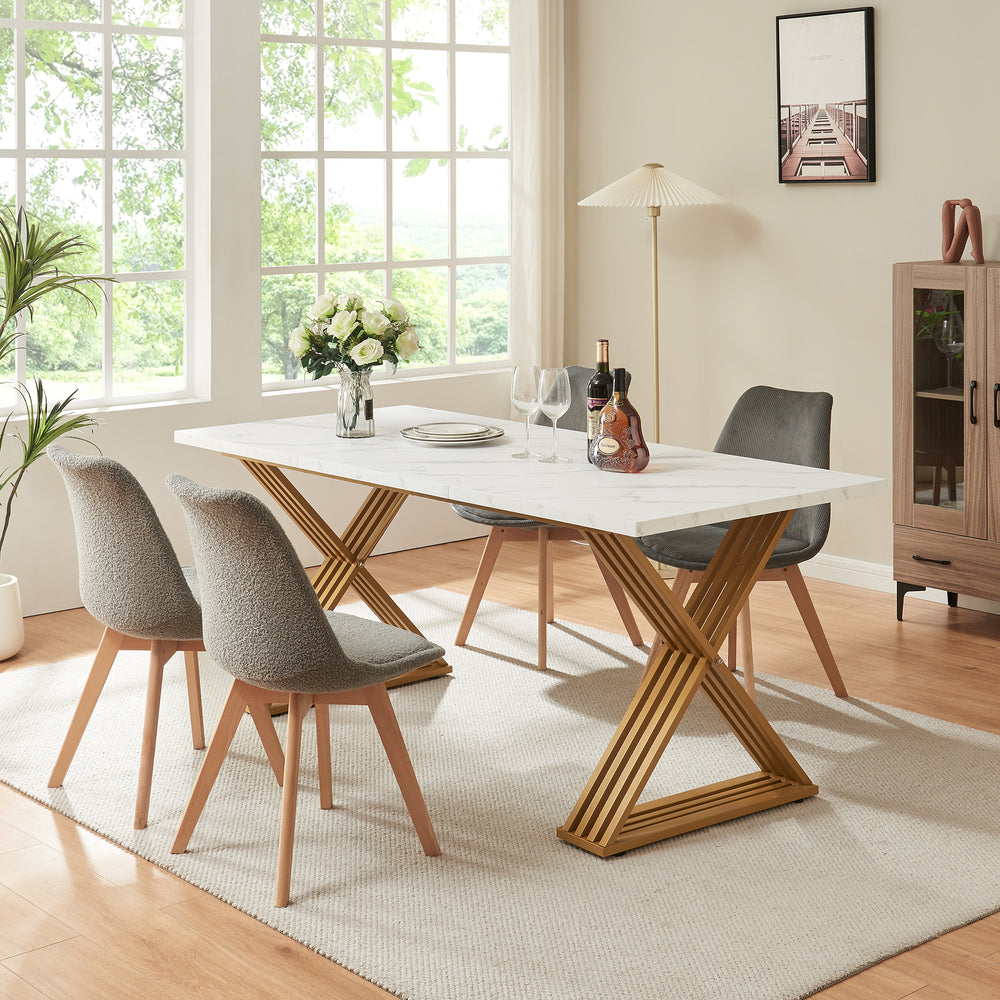 Stół do jadalni Hujaari dla 6 osób o marmurowym wyglądzie, biały/złoty [en.casa]