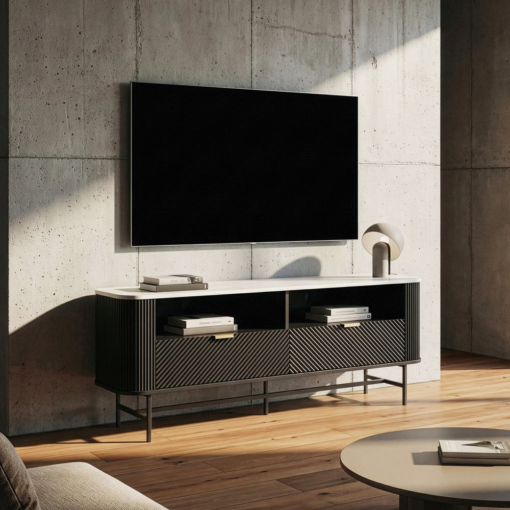 TV-Lowboard Olvehok 140x40x55 cm Czarny/efekt marmuru, biały [en.casa]