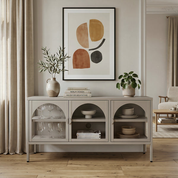 Witryna-komoda Klippestad stal 118x35x55 cm ciepły szary [en.casa]