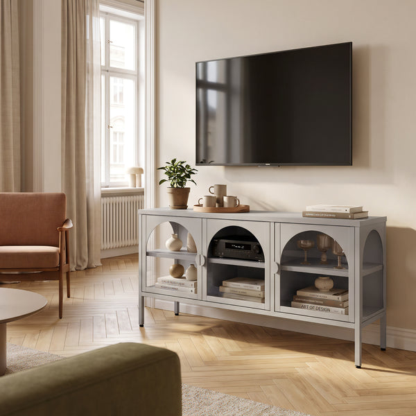 Witryna-komoda Klippestad stal 118x35x55 cm ciepły szary [en.casa]