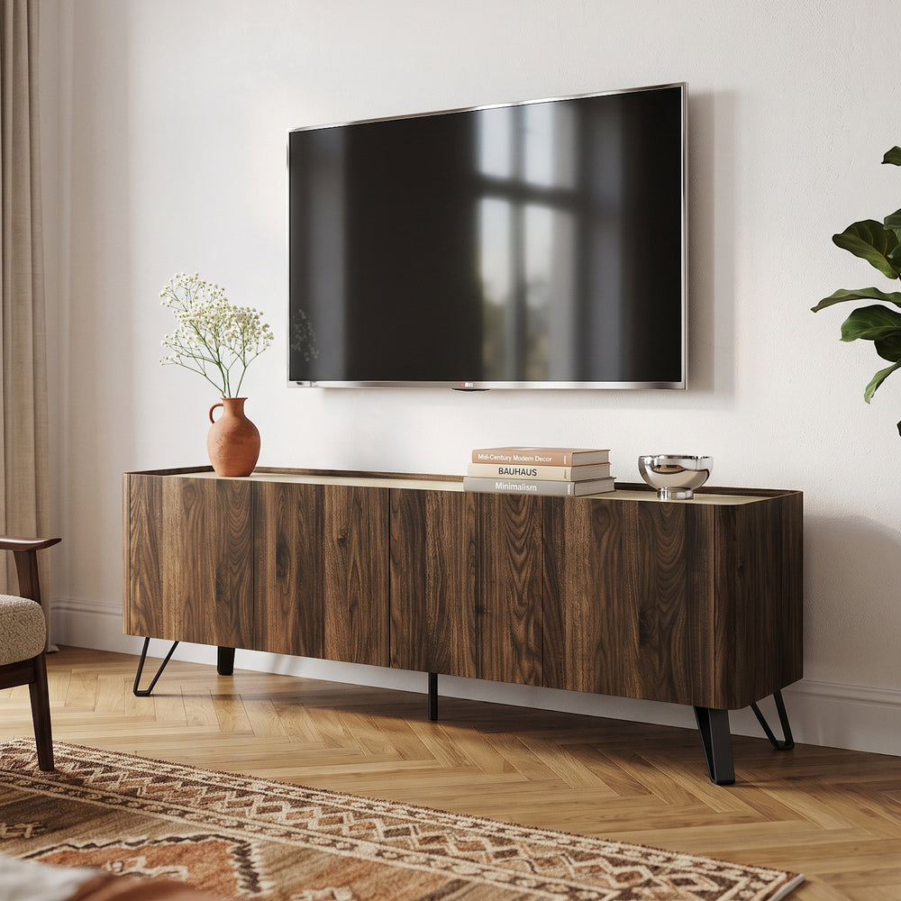 Szafka RTV Trorlon 160x40x55 cm w optyce orzecha/trawertynu [en.casa]