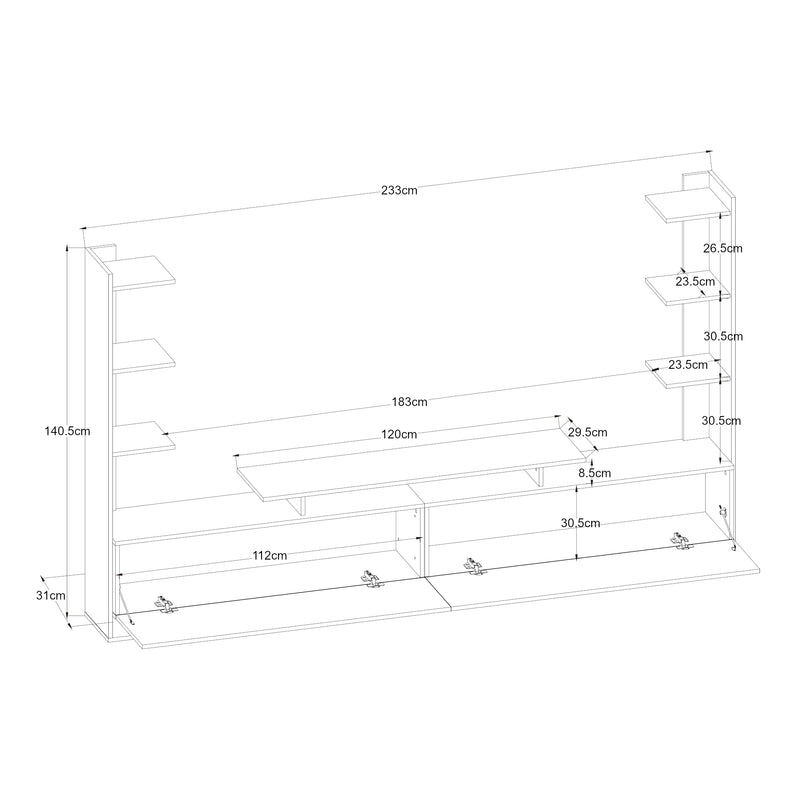 Szkic wymiarowy Szafka pod telewizor Rauki 233x31x141 cm [en.casa]