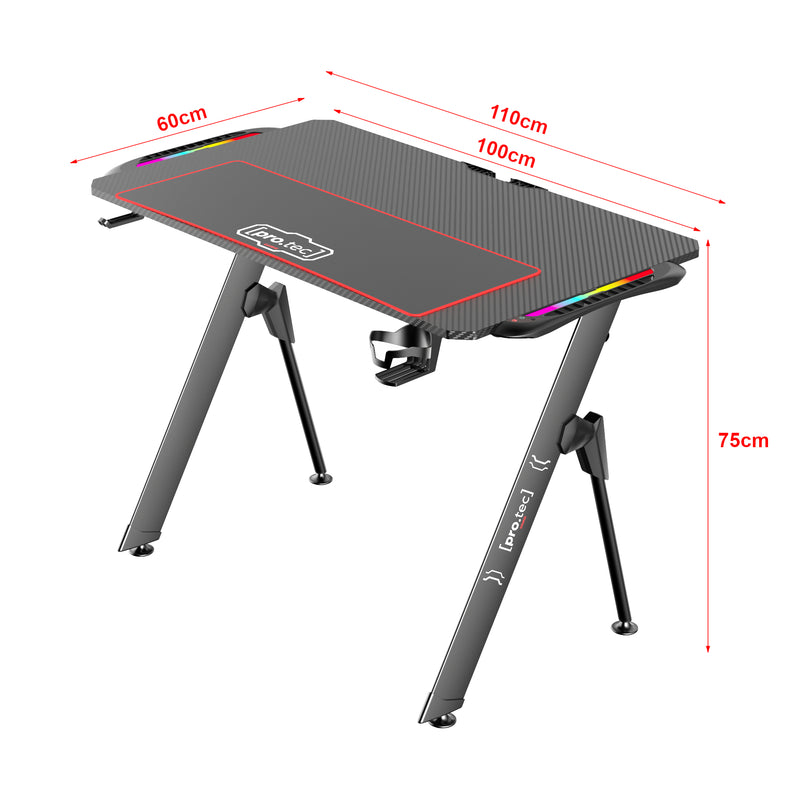 Szkic wymiarowy Stół gamingowy Stockton z oświetleniem LED RGB czarny w różnych rozmiarach rozmiary [pro.tec]