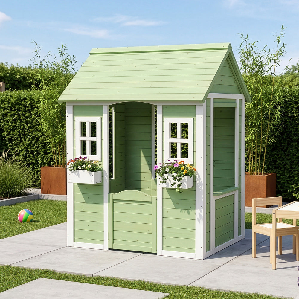 Domek dla dzieci Kuoldsvin z drewna jodłowego 144x102x90 cm Zielono/Biały [en.casa]
