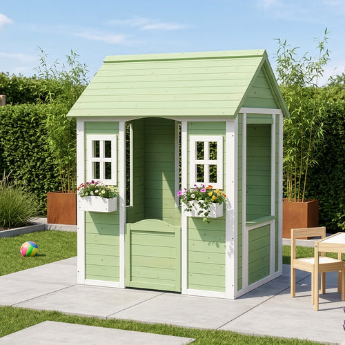 Domek dla dzieci Kuoldsvin z drewna jodłowego 144x102x90 cm Zielony/Biały [en.casa]